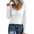 thumbnail image 1 of Femmes Manches Longues T-Shirts Bouton vers le Bas Slim Fit Tops Col Rond Côtelé Tricot Chemises, 1 of 3