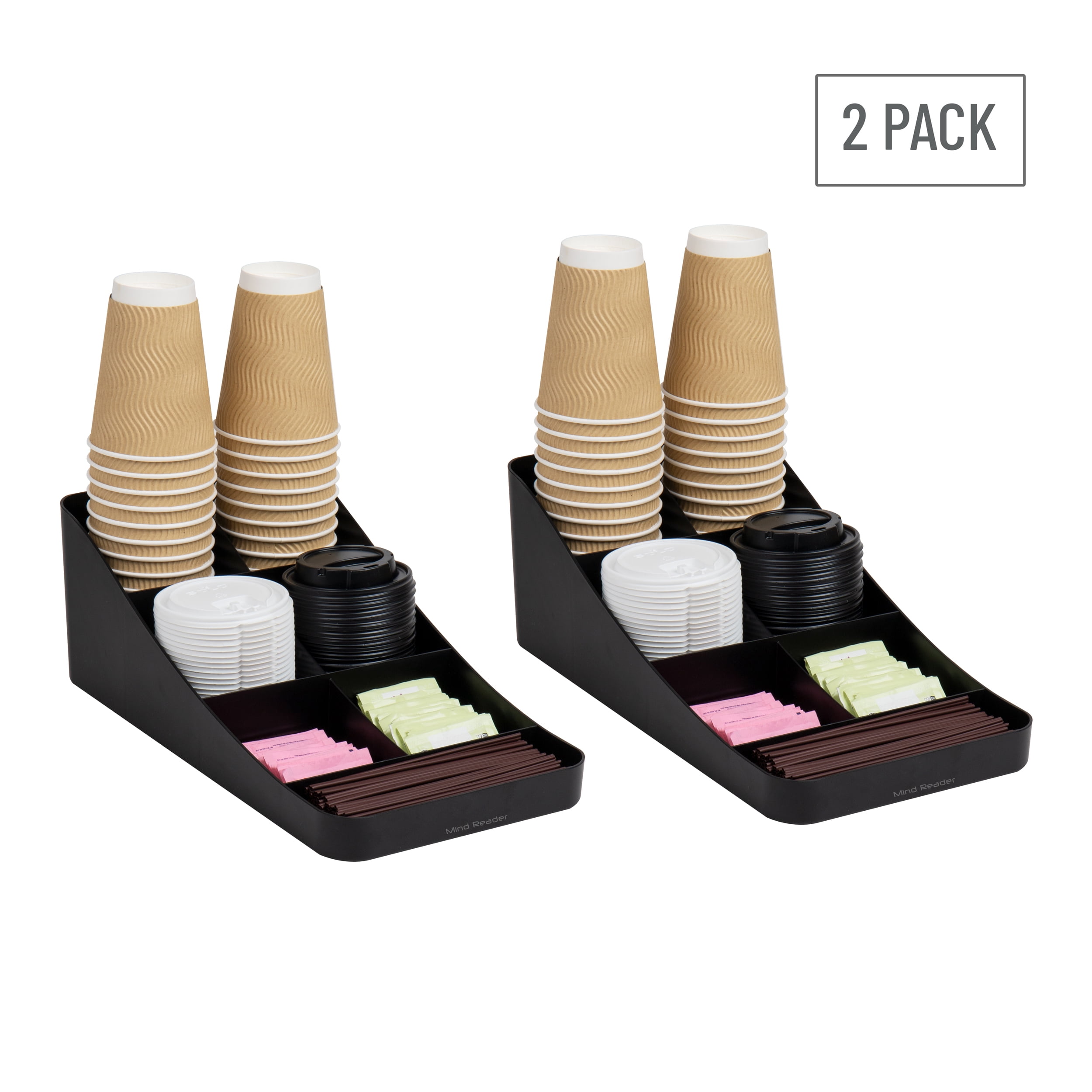 Mind Reader Plastic Cup and Condiment Station Countertop Organizer, 7.25"L x 15.5"W x 5.25"H, 2-Pack, Black