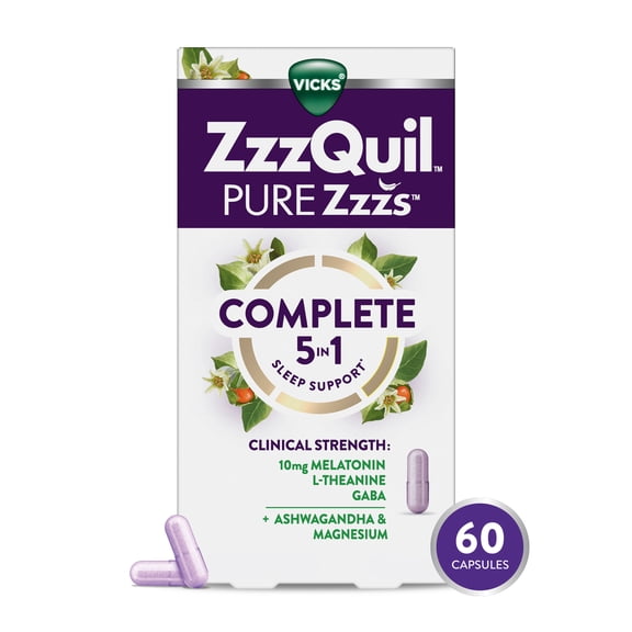 ZzzQuil PURE Zzzs Complete Sleep, Melatonin 10mg, L-Theanine, GABA, with Ashwagandha, and Magnesium, Melatonin Sleep Aid, 60 Count