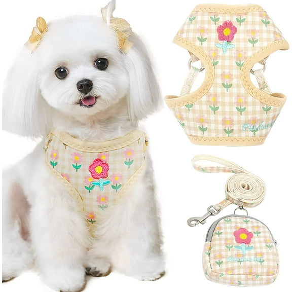 Cute Small Dog Harness and Leash Set with Bag No Pull Puppy Cat Vest Harness Adjustable Soft Breathable Plaid Flower Pet Bunny Harness for Small Dogs Cats Rabbits Shih Tzu Yorkies