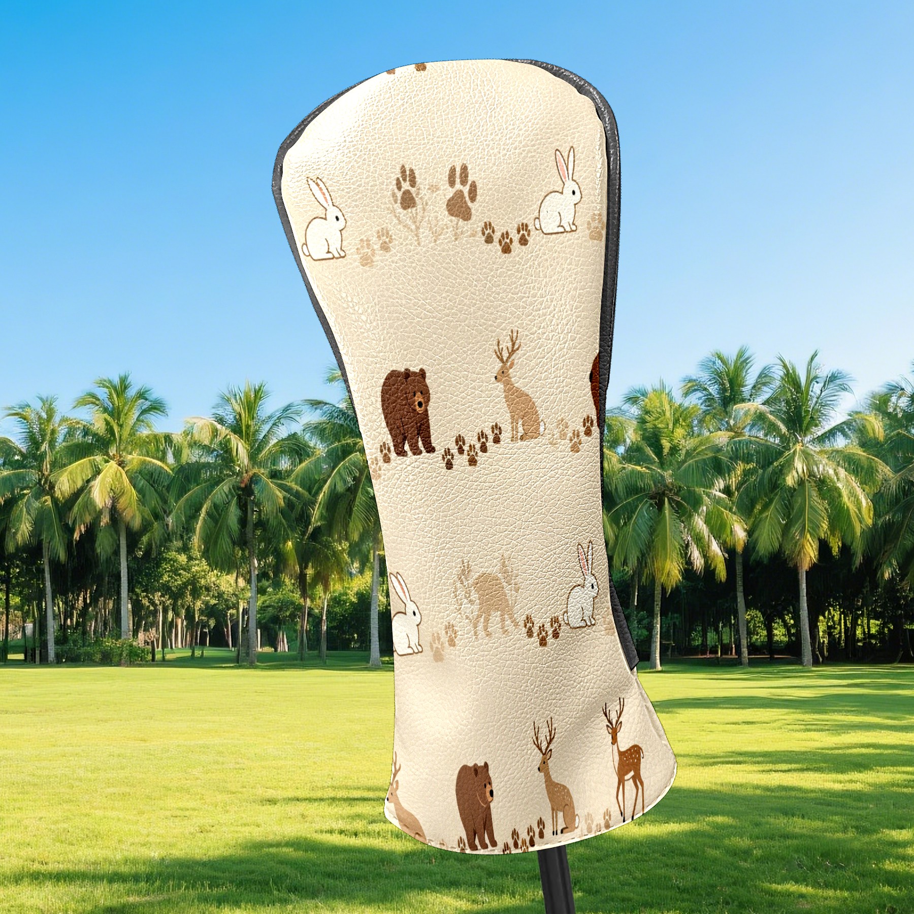 Golf Club Covers, Beige ForestAnimal Premium PU Leather Driver Hybrid Putter Head Covers with Velvet Lining, Waterproof Golf Gifts for Men Women