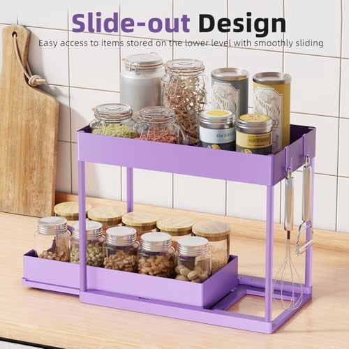 Under Sink Organizer 2 Pack, Sink Pull-Out Sliding Storage Cabinet, 2-Tier Under Shelf Organizer for Kitchen Bathroom, Purple
