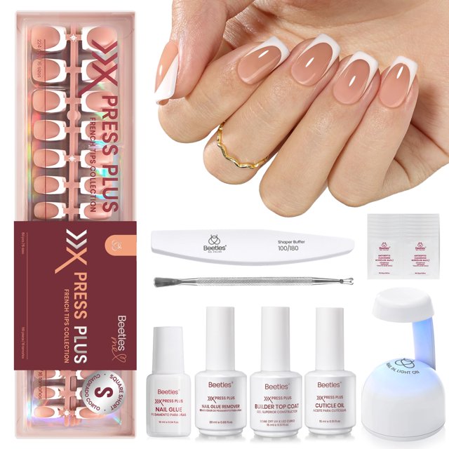 Kit de uñas de gel Beetles X Press, corto, cuadrado, punta francesa, para mujer