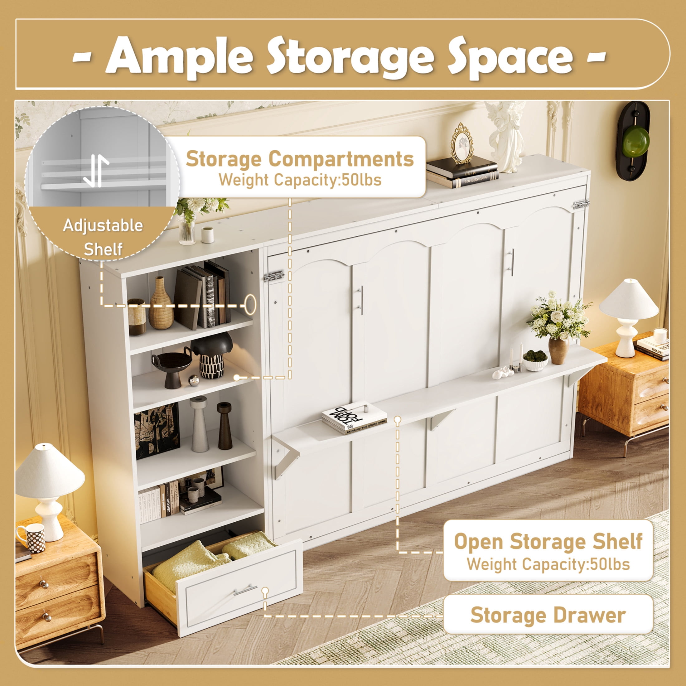 Noble House Queen Murphy Bed with Adjustable Storage Shelves and Drawer, Foldable Wall Bed Frame, White