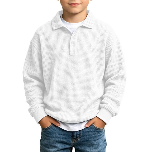 Besolor Kids Boys Clothes Fall Sweatshirts Long Sleeve Lapel Collar Buttons Sweatshirt Casual Loose Knit Workout Pullover Tops(13-14 Years,White)