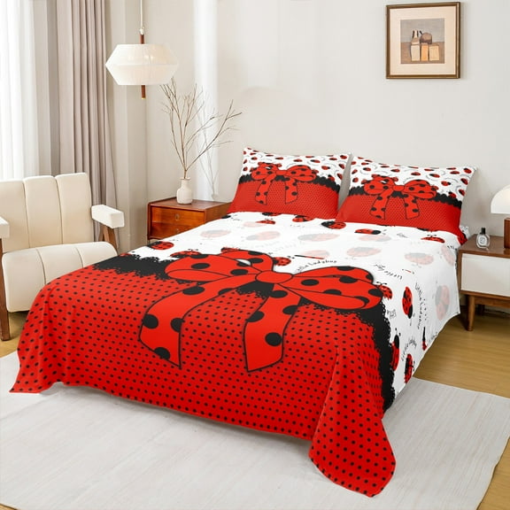 Manfei Cute Ladybird 3pcs Twin Sheet Sets,Red Bowknot Twin Fitted Sheet,Polka Dots Breathable Flat Sheet,Microfiber Cartoon Bedroom Decorative