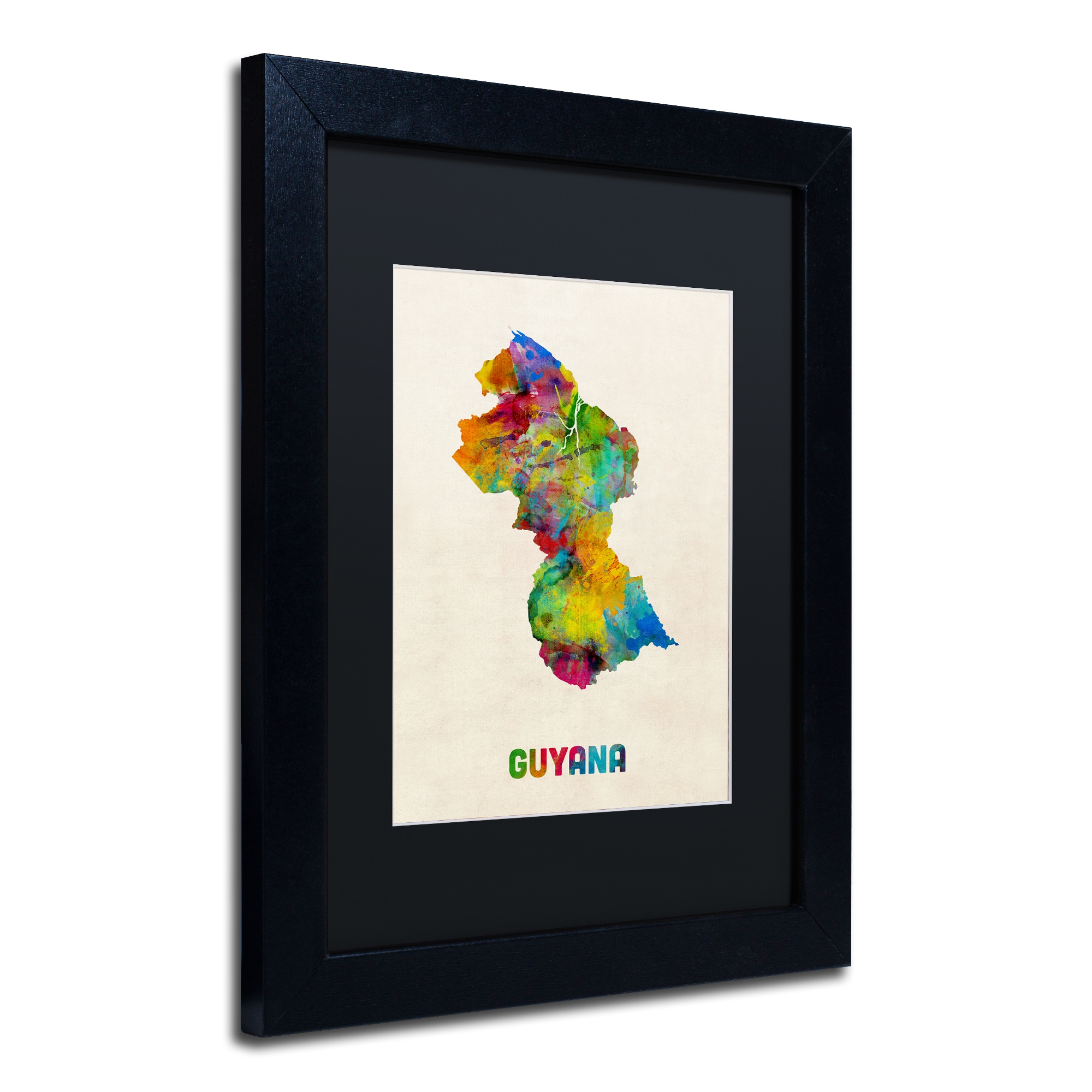 Trademark Fine Art ''Guyana Watercolor Map'' by Michael Tompsett 16" x 20" Black Matted Black Frame (MT0743-B1620BMF)