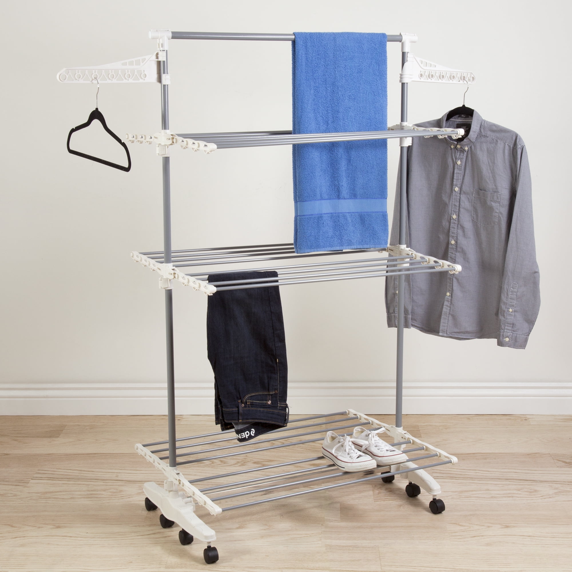 Grey 4 Tier Laundry Drying Stand 32 Inch Freestanding Metal Towel Rack 