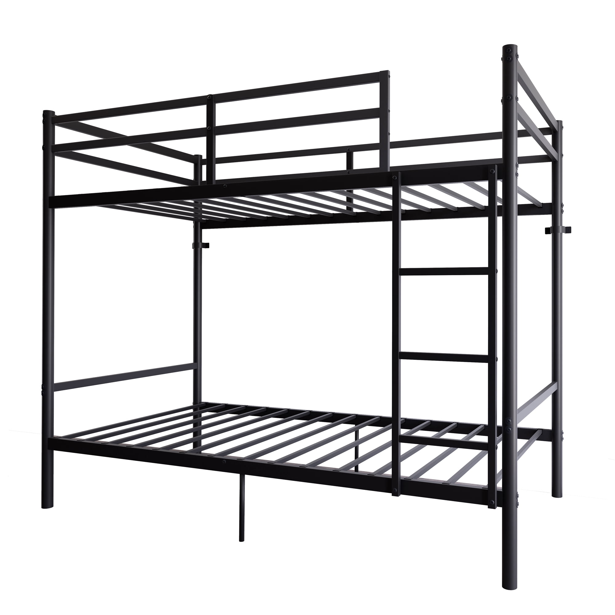 Twin Over Twin Metal Bunk Bed with High Guardrail & Ladder, Noise Free with Storage Space