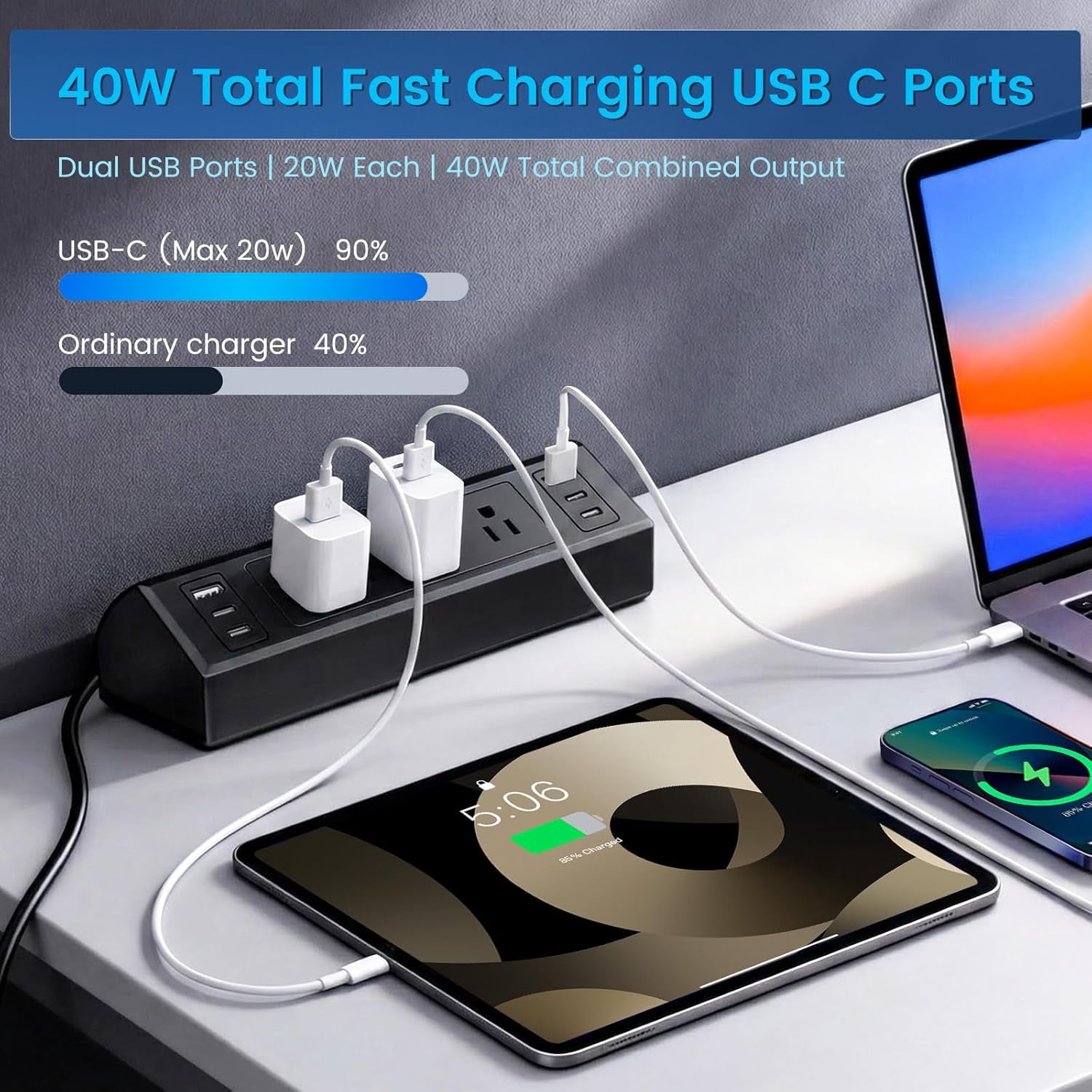 ZHANGONG Desk Clamp Power Strip with 4 AC Outlets & 6 USB Ports (4 USB-C), 2000J Surge Protector, 1875W, 6.5FT Flat Plug for Home Office Desk