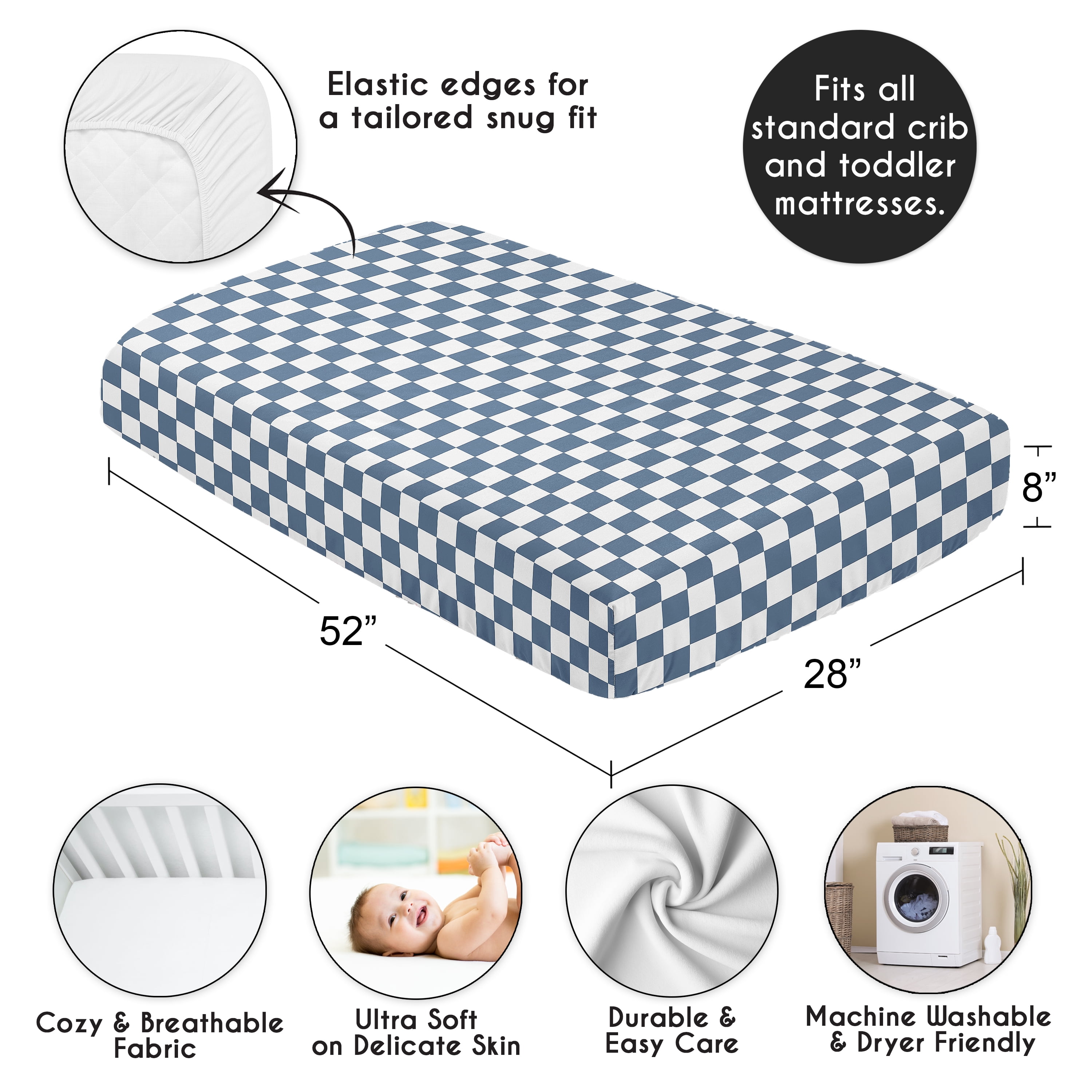 Sweet Jojo Designs Gingham Checkered Plaid Blue and White Boy, Girl, Unisex/Gender Neutral Fitted Crib Sheet