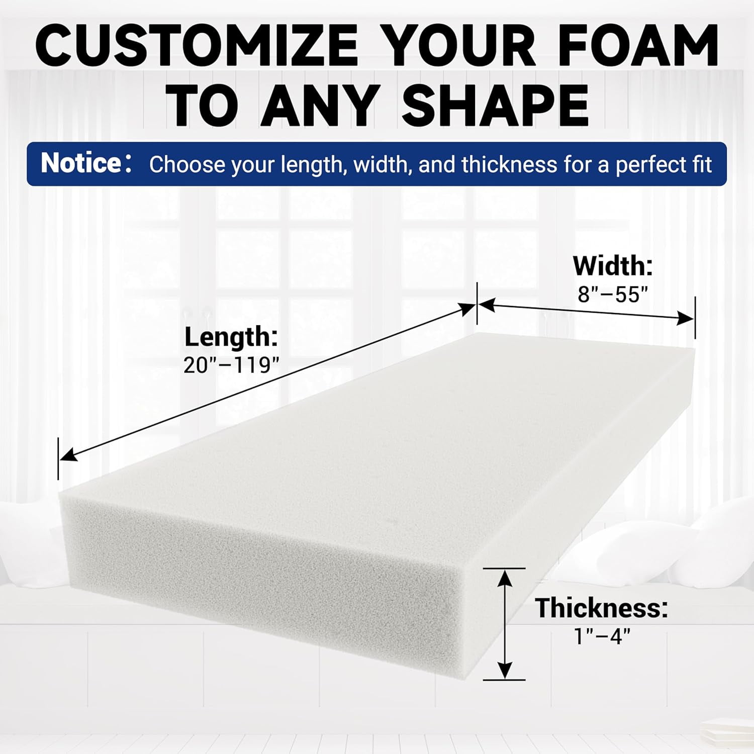 Colourtree 8" W x 20" L Upholstery Foam Cushion High Density 70D Upholstery Foam Sheet for Seat Replacement, DIY Projects, Benches, Chairs, Wheelchair Seat Cushion Replacement) - Made in USA