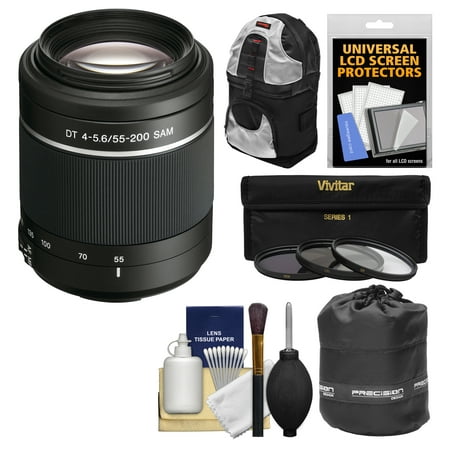 Sony Alpha A-Mount 55-200mm f/4-5.6 DT SAM Zoom Lens with Sling Backpack + 3 Filters + Pouch + Kit for A37, A58, A65, A68, A77 II, A99
