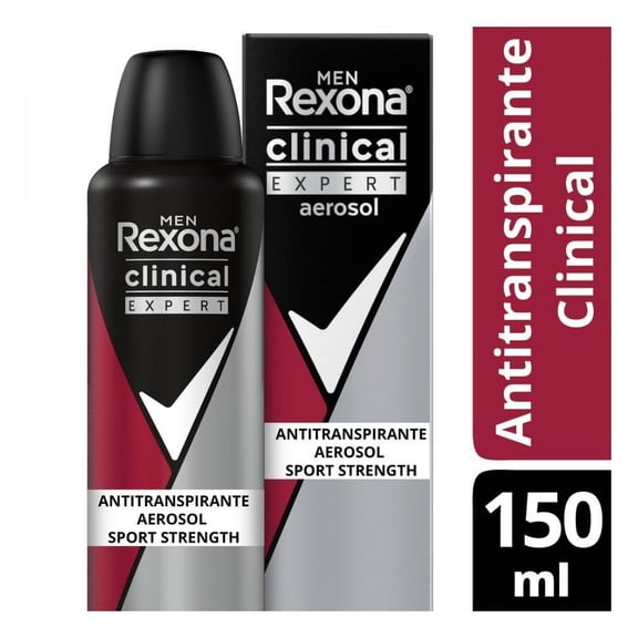 Antitranspirante Rexona clinical expert sport strength en aerosol para caballero 150 ml