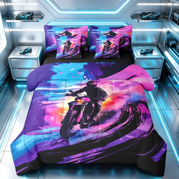 Erosebridal Dirt Bike Twin Bedding, Tire Track Bedding Comforter Set, Purple Blue, Black Reversible 7pcs