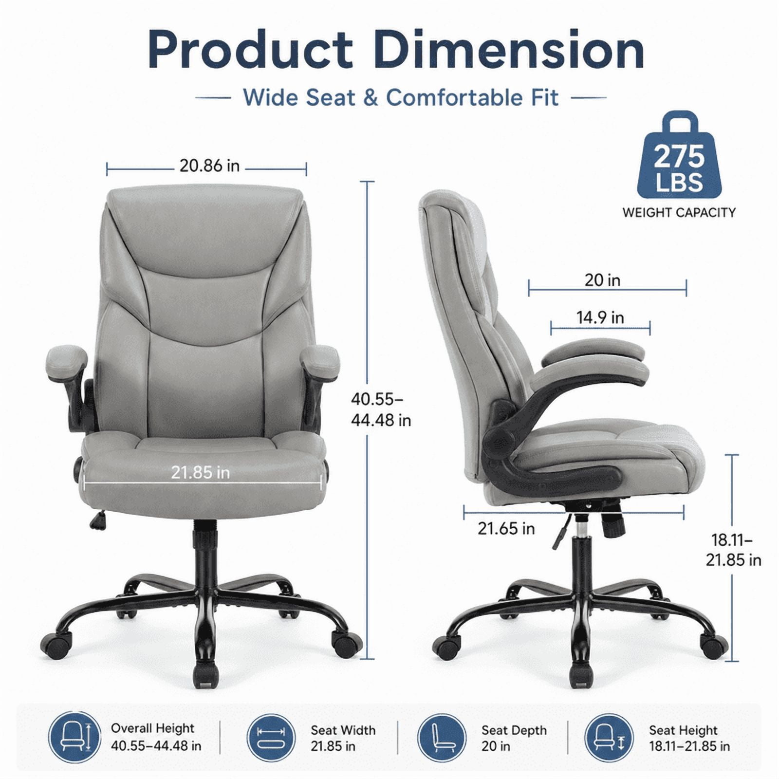 Ergonomic PU Leather Executive Office Chair, Adjustable Height Desk Chair with Lumbar Support, Wide Seat, 360° Swivel and Quiet Wheels, Gray