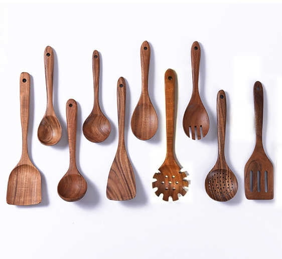Wooden Kitchen Utensils Set, 10-Piece Natural Wood Cooking Spoons for Non-Stick Cookware