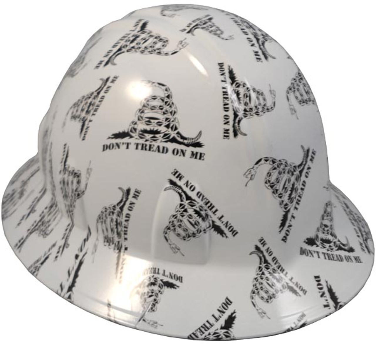 Don't Tread On Me White Hydro Dipped Hard Hats Full Brim Style with 4 Pt Suspension