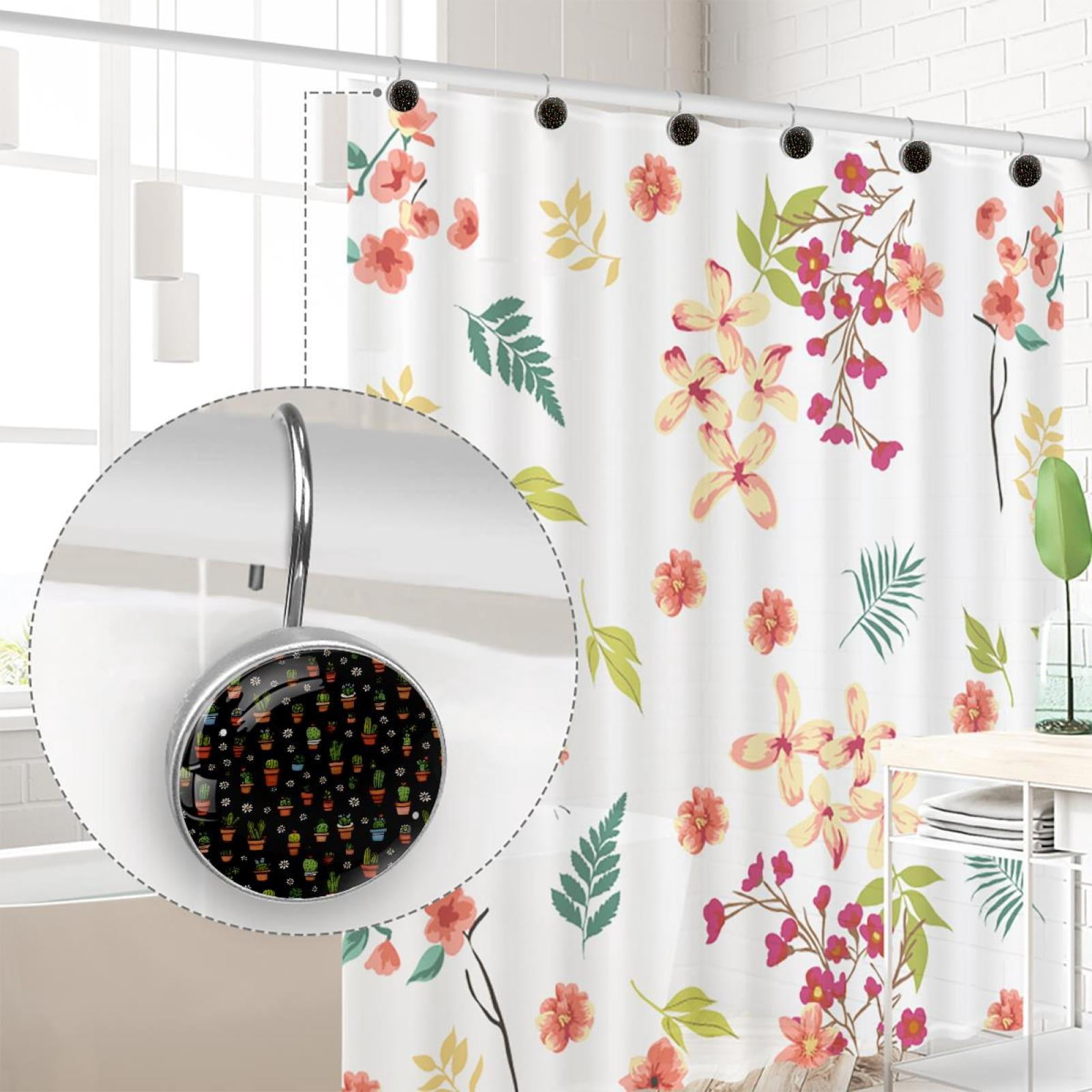 12pcs Decorative Shower Curtain Hooks, Rust Resistant Shower Rings for Bathroom Living Room,Rustproof Stainless Steel Rings for Shower Curtain and Liner Rods,Cactus and Daisy Black