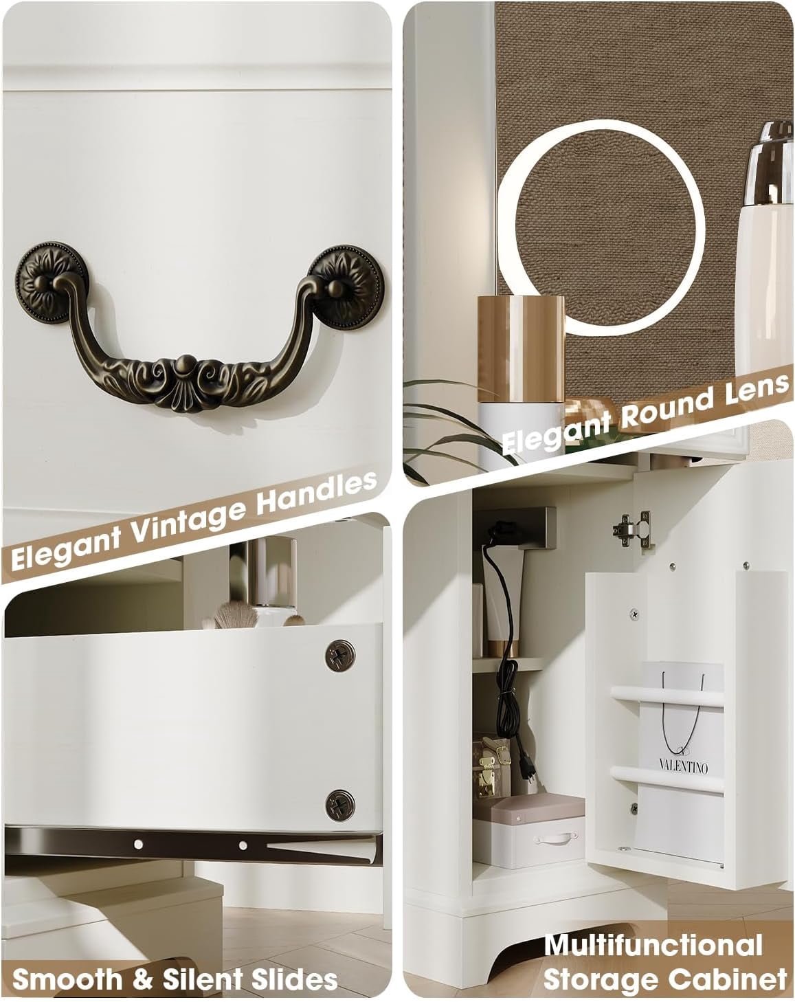 LAZZO Vanity Desk with Mirror & Lights, Makeup Vanity with Drawers, Power Outlets & Magnifying Mirror, White