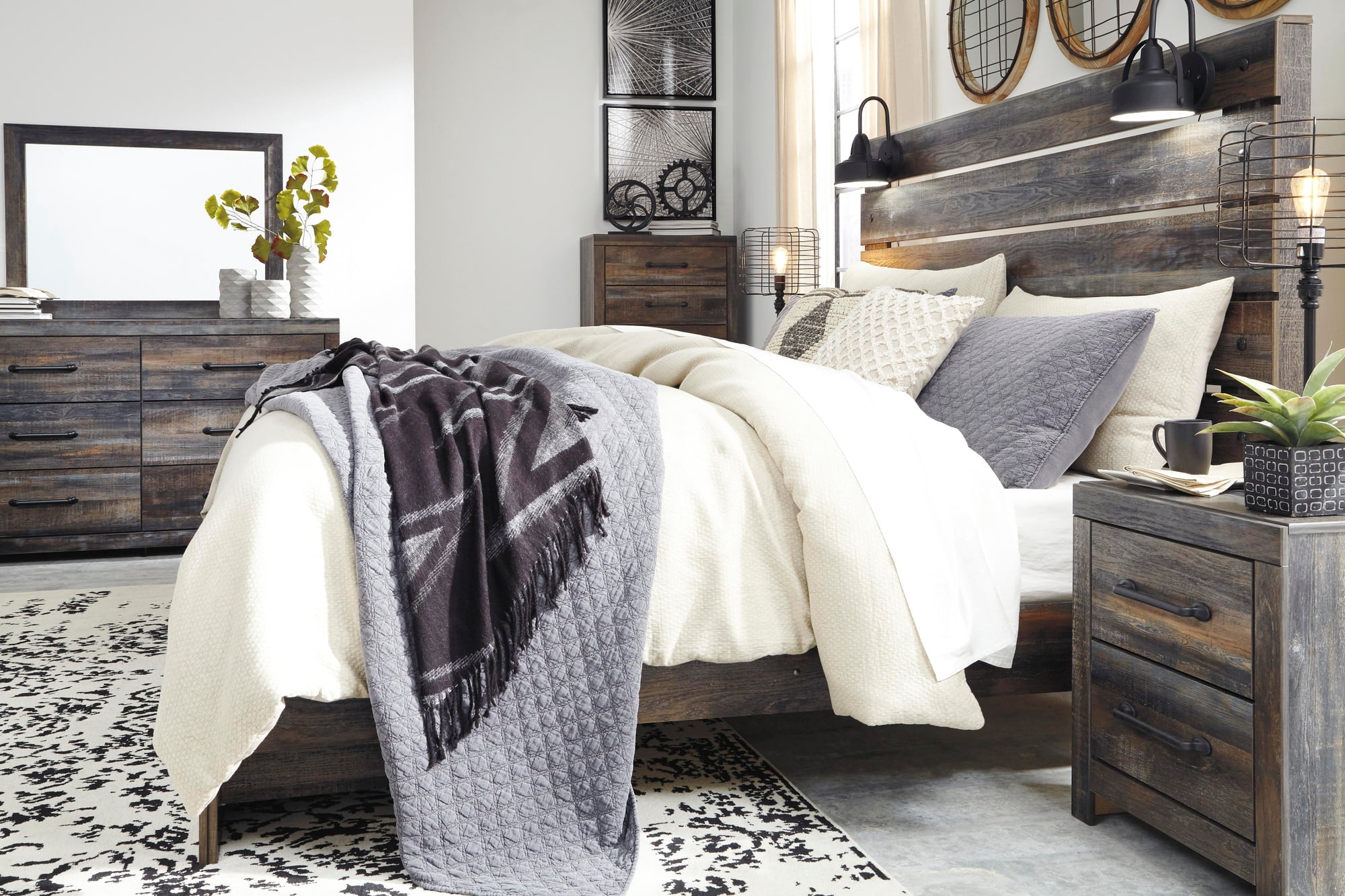 Signature Design by Ashley Drystan King Panel Headboard, Rustic Brown, Industrial Farmhouse Headboard with LED Lights and USB Charging