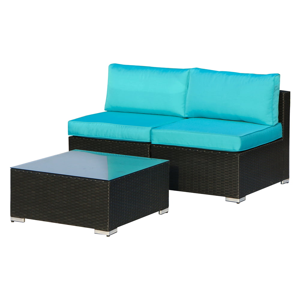 Outdoor Patio 3 Pieces Sofa Furniture All Weather Sectional Loveseat Wicker Armless Sofa Bistro Conversation Set with Coffee Table, Black Wicker Blue Cushions
