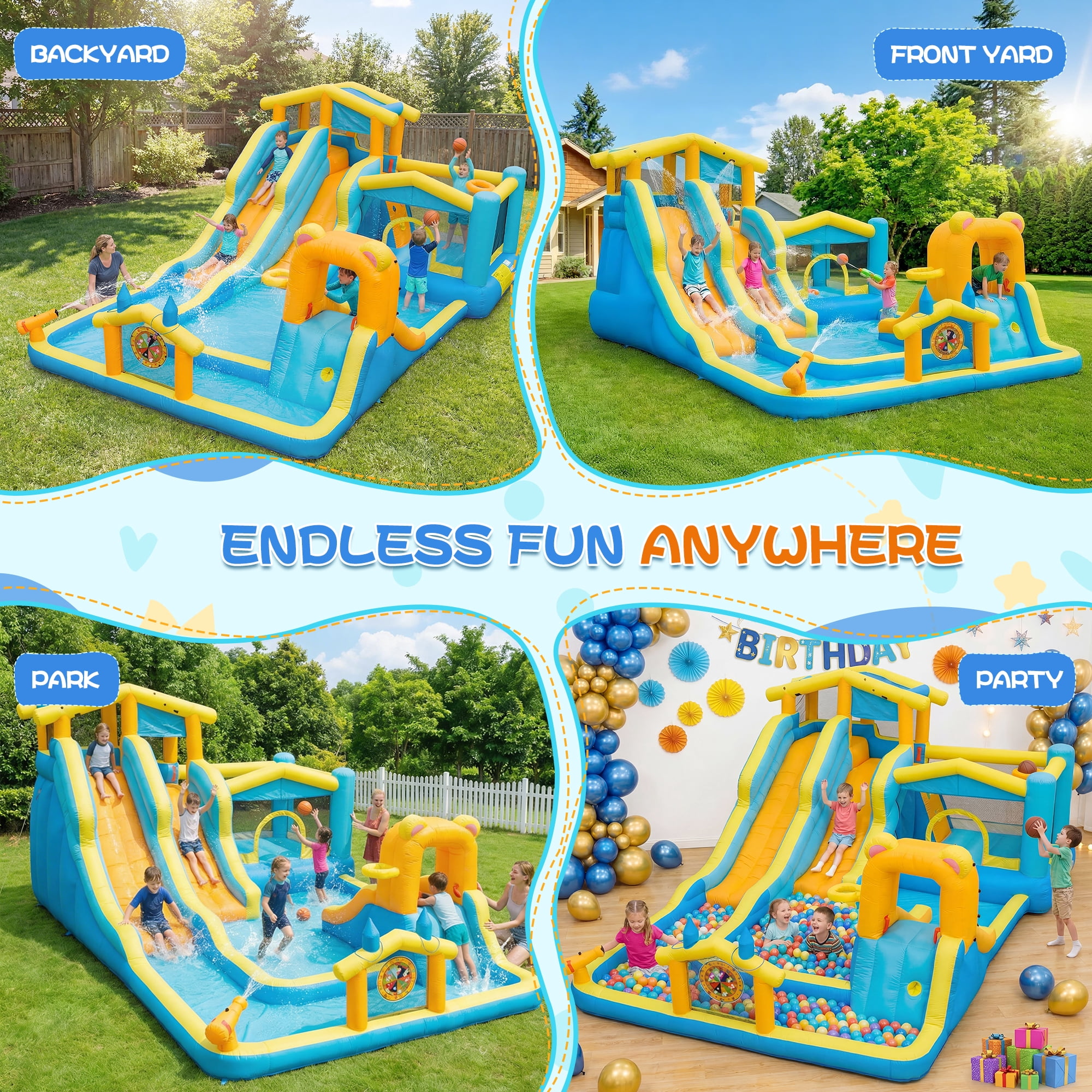 Eclife Inflatable Bounce House Water Slide with Blower, Backyard Water Park Combo with Slides, Splash Pool, Climbing Wall, Obstacle Course, Jumping Area for Indoor Outdoor