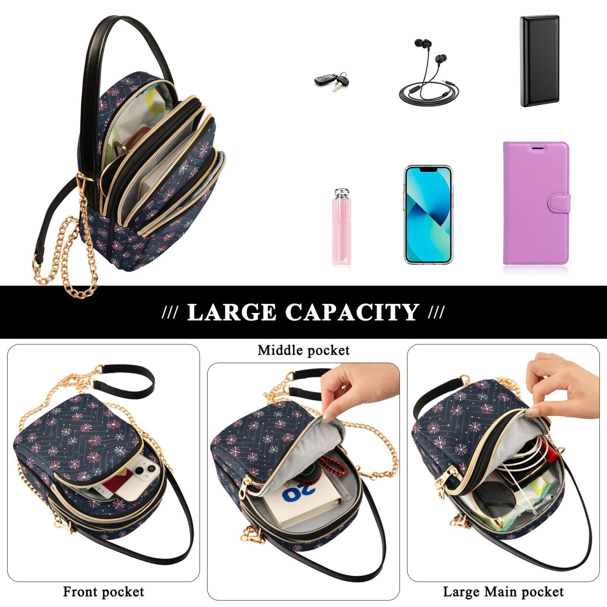 FORMRS Crossbody Bag for Women Quilted Travel Shoulder Cell Phone Purse with Chain Strap Handbag, Red Fireworks Pattern