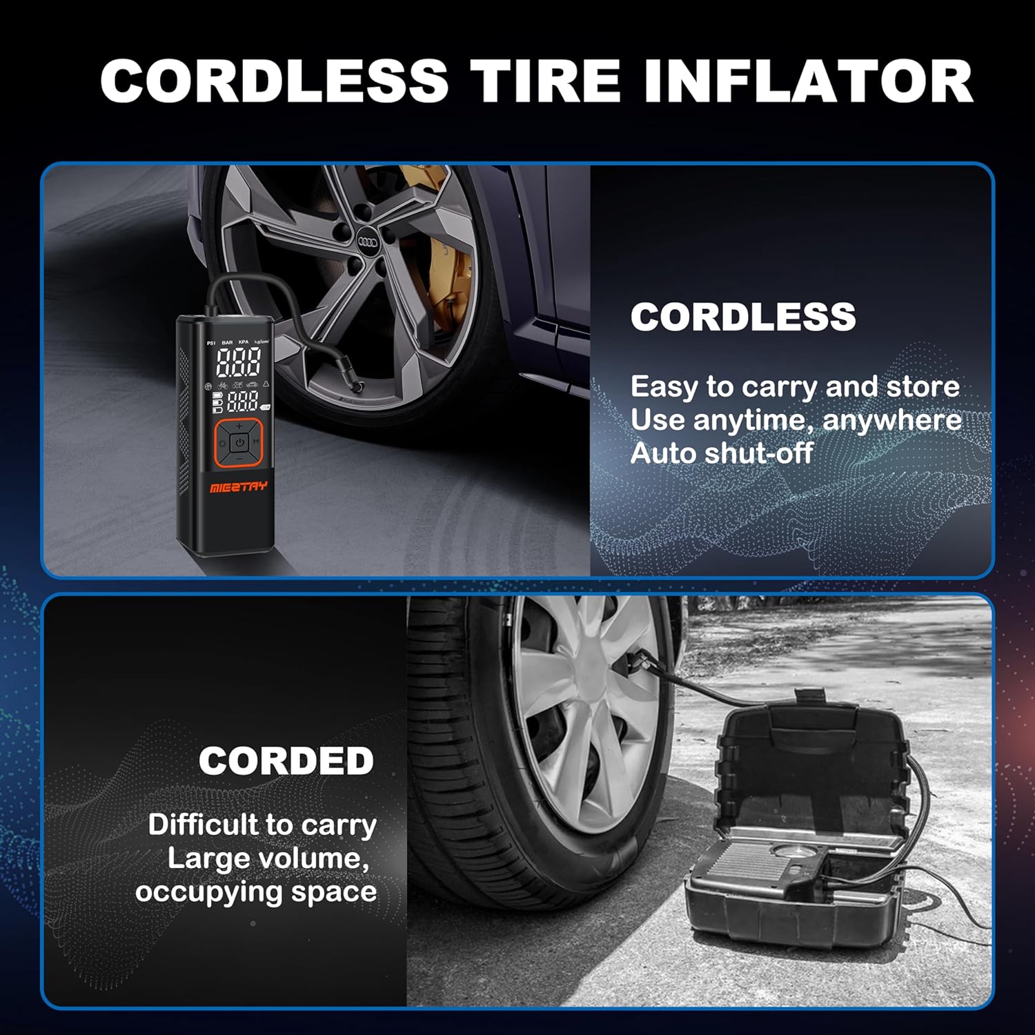 Tire Inflator Portable Air Compressor - 2X Fast Cordless Air Pump for Car Tires, Motorcycle, Bicycle Pump - 150 PSI Auto Tire Inflator with Pressure Gauge