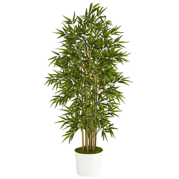 Nearly Natural 64" Bamboo Artificial Tree in White Tin Planter