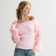 Juniors' madden girl Long Sleeve Marilyn Neck Puff Paillette Sleeve Pullover Top Color: Pale Pink Size: MEDIUM