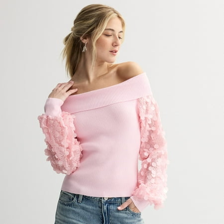Juniors' madden girl Long Sleeve Marilyn Neck Puff Paillette Sleeve Pullover Top Color: Pale Pink Size: MEDIUM
