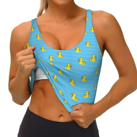 Qokaie Duck Swimming Pattern Womens Scoop Neck Sports Bra Breathable Workout Vest Padded U Back Medium Impact Fitness Gym Yoga Bra Workout Crop Top
