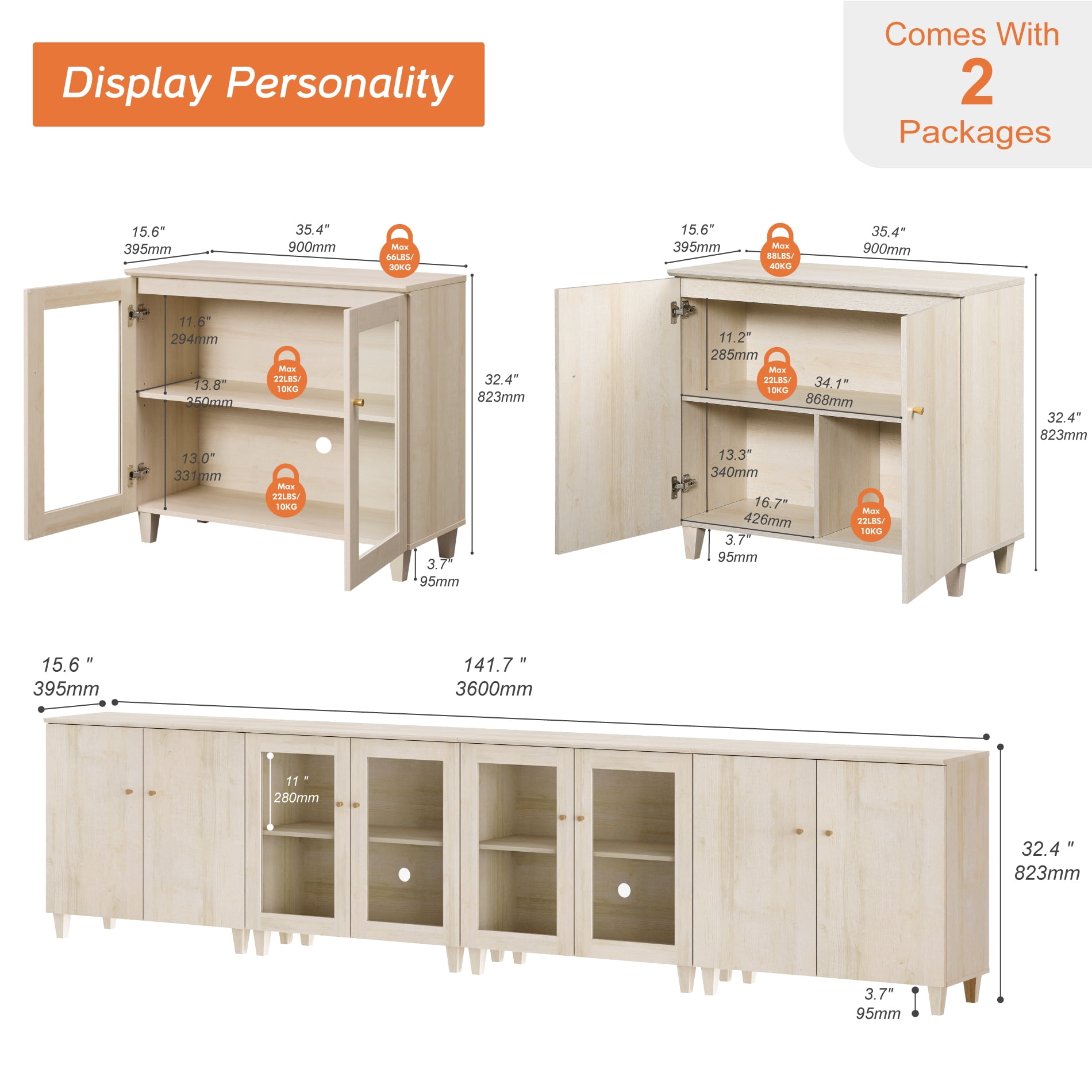 Modular Buffet Cabinet Sideboard With Glass and Wood Doors, Adjustable Shelves and Cable Management For Kitchen Dining Room, 142" W, White Oak Wood