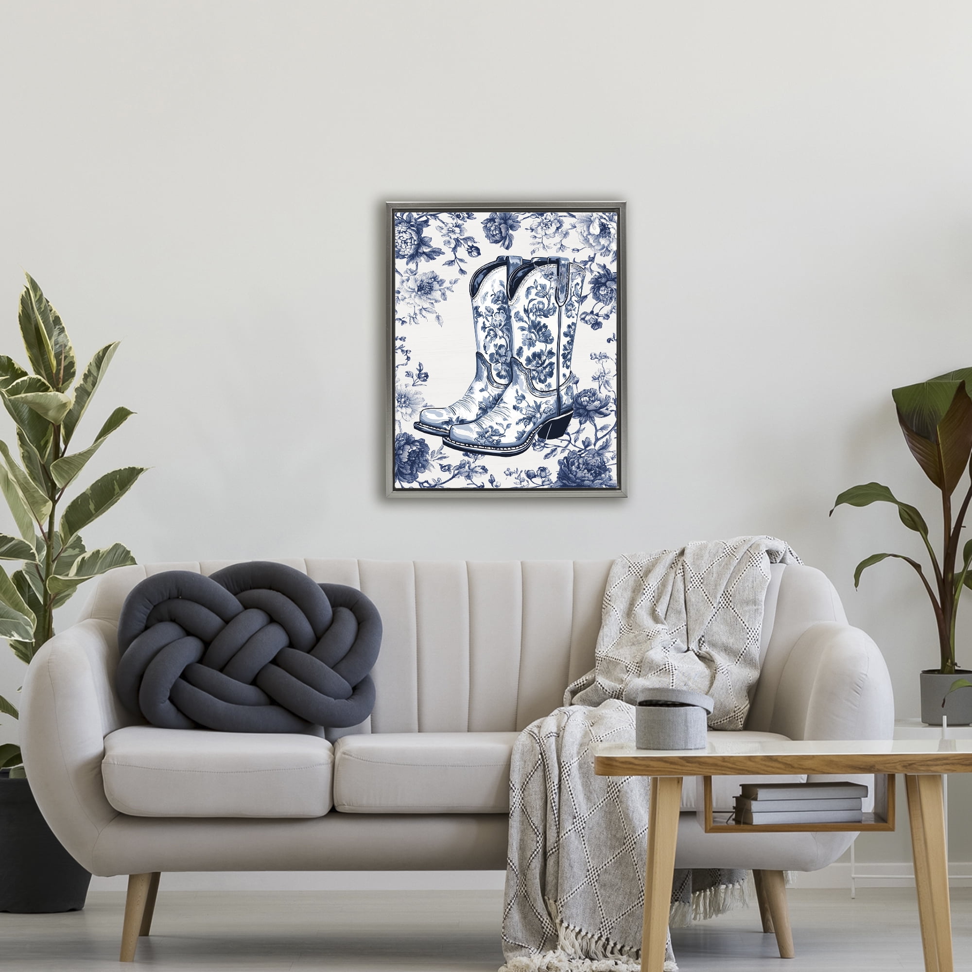 Blue Spring Florals & Boots Gray Framed Floater Canvas Wall Art, design by Lettered and Lined