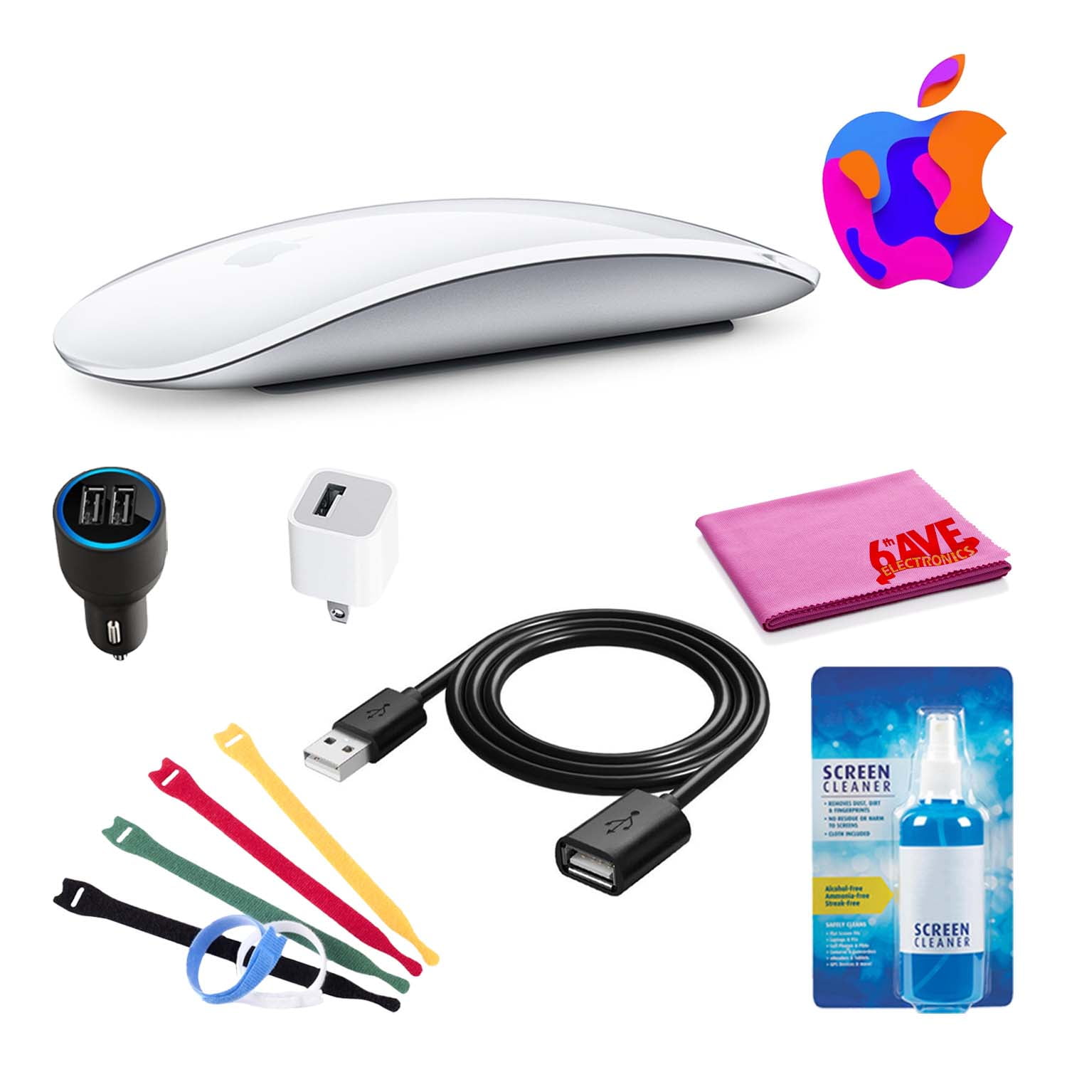 Apple Magic Mouse 2 (Silver) Bundle with Cable Ties + USB Extension