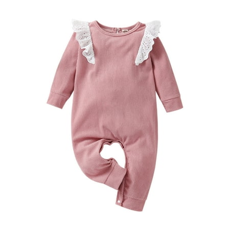 

Amuver Infant Baby Corduroy Jumpsuit Long Sleeve Lace Ruffle Ribbed Romper