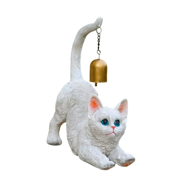 Estatua de gato con campana de metal, figura de gatito, carillón de viento, escultura de animal de resina para Blanco