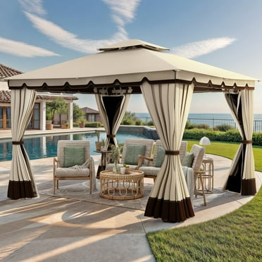 ModFusion 10'x12' Khaki Outdoor Patio Gazebo with Double Fabric Roof, Mosquito Netting & Curtains