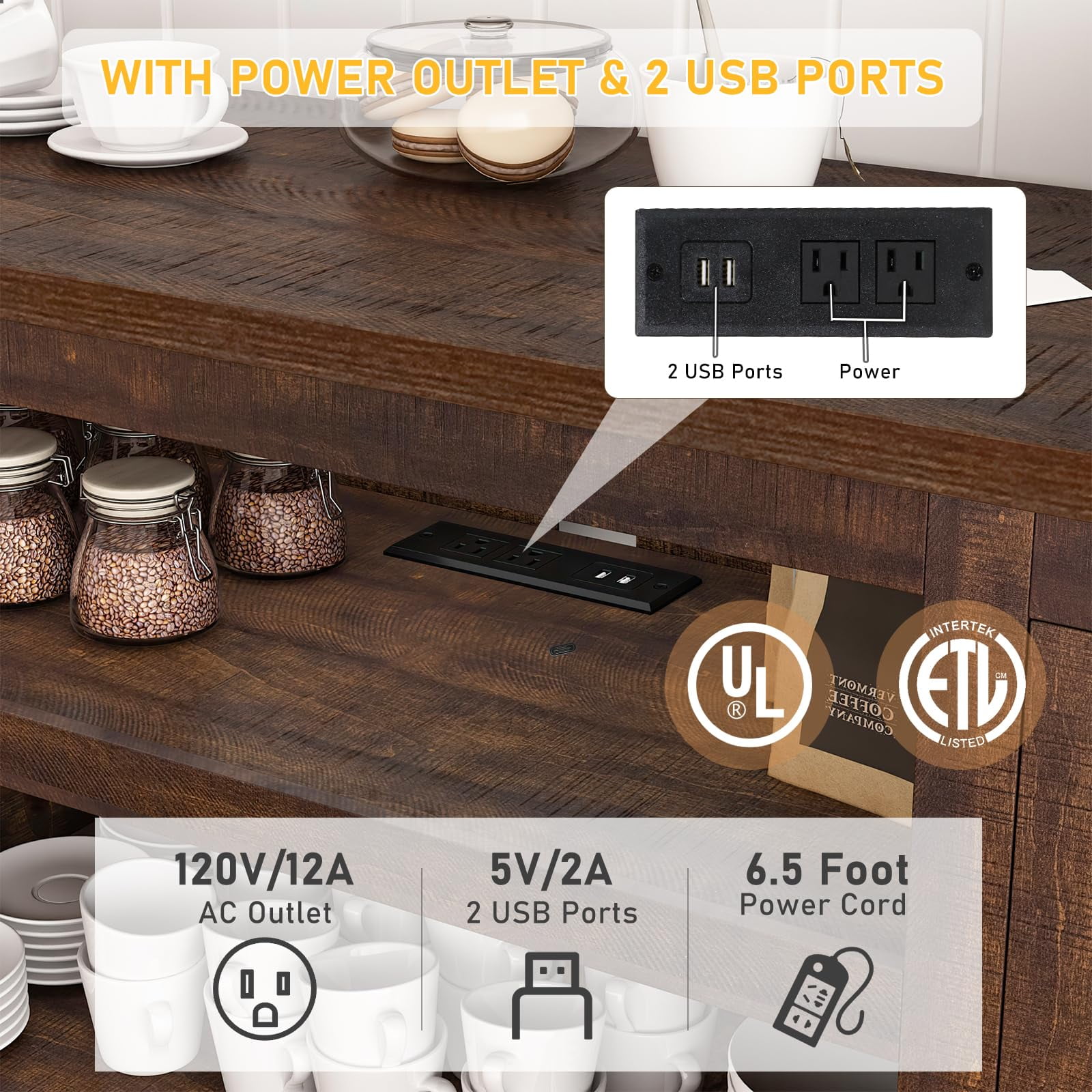 66''W Kitchen Buffet Sideboard Bar Cabinet with Power Outlet, Farmhouse Coffee Bar Cabinet with 4 Tier 9 Storage Shelves
