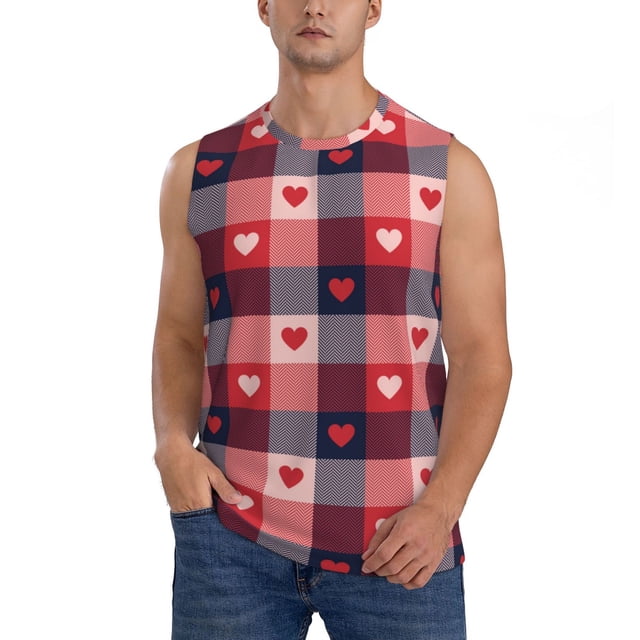 Fotbe Heart Plaid Men's Camiseta sin Mangas Estampada para Hombres, Playera Casual para Gimnasio, Entrenamiento, Playa-Large