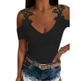 thumbnail image 1 of Mytrendy Women Lace Straps Cold Shoulder Short Sleeve V-Neck Casual Tunic Tops, 1 of 2