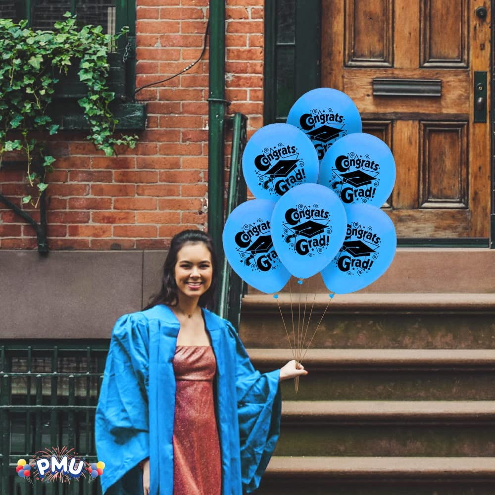 PMU 50 Pcs Graduation Balloons PartyTex 11 inch Premium Blue with All-Over Print White Grad Caps-Confetti and Streamers Graduation Party Decorations