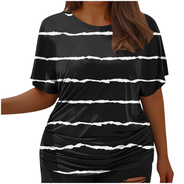 Fiudx Camisas de Mujer Camiseta de Manga Corta Grande con Cuello Redondo Plisada y Cintura de Manga Corta Informal a La Moda para Mujer