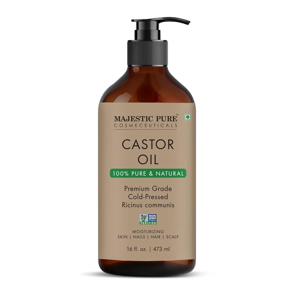 Majestic Pure Castor Oil | 100% Natural | Premium Grade Cold Pressed | Hair, Eyelashes, Eyebrows, Nails | Moisturizing & Nourishing | Body, Hair & Carrier Oil | 16 Fl Oz
