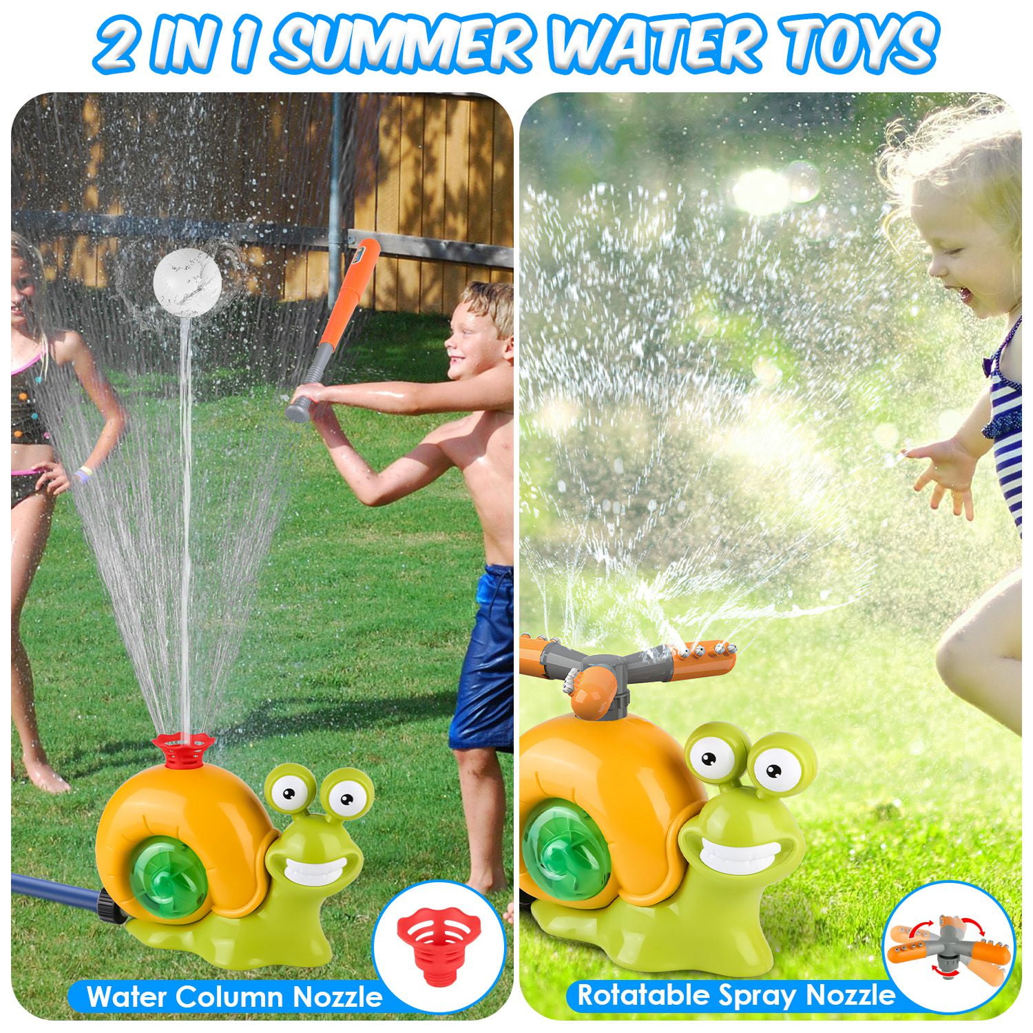 TeqHome 2 Pack Outdoor Toy Water Sprinkler Baseball Toy for Kids with 2 Sprinkler Nozzles 360° Rotating Spray Summer Outdoor Water Spray Snail Toys for Kids 4-8 Years Backyard Lawn