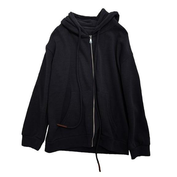 Women Long Sleeve Zippered Drawstring Solid Color Pocket Casual Loose Hooded Sweater