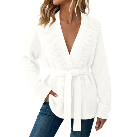 Karymi Plus Size Tops for Women Waffle Knit Wrap Cardigan, V Neck Wide Long Sleeve Belted Waist Tie Sweater Coat with Side Pockets, Oversized Knitted Outerwear Blouses for Women