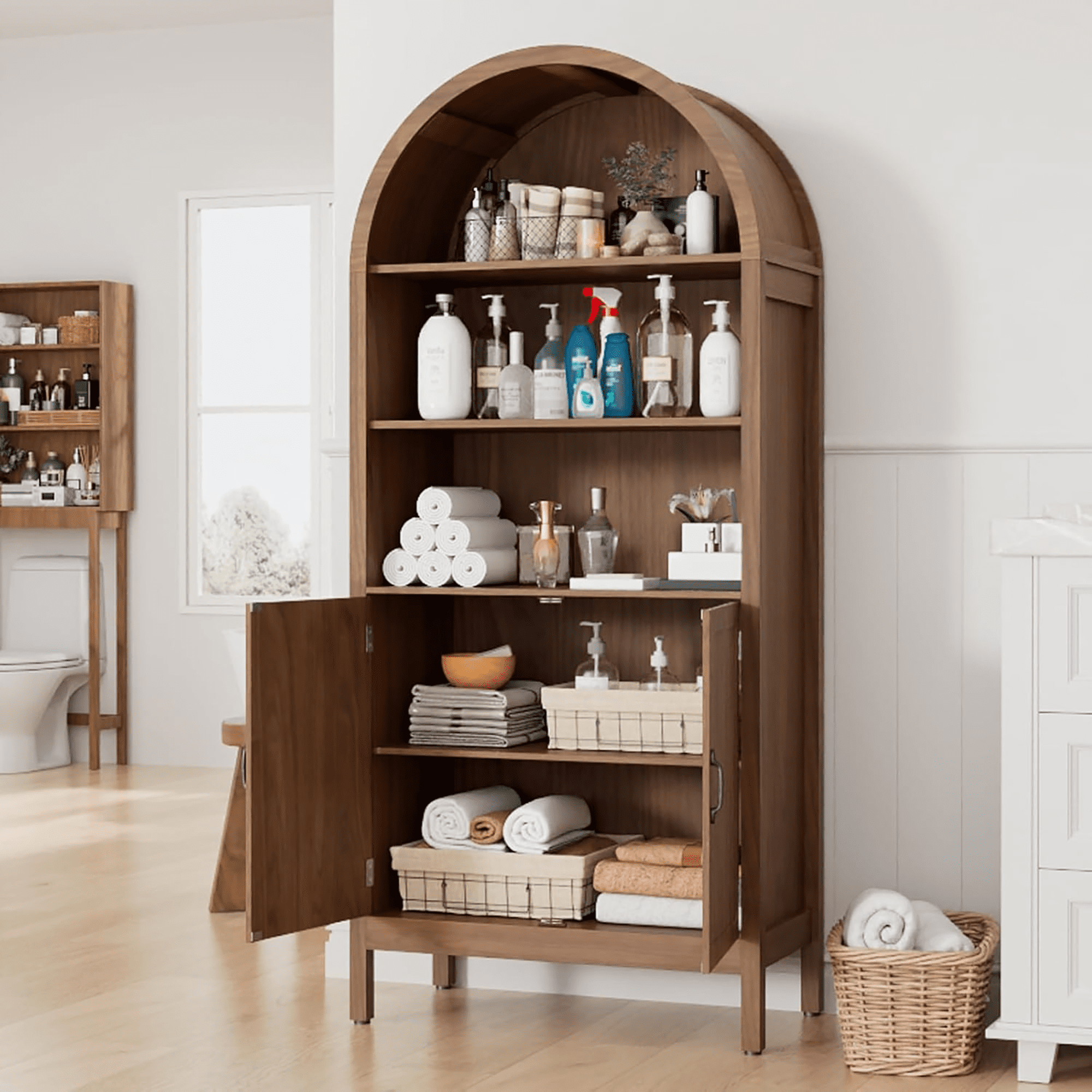 Oubayajia 70.9" Tall Storage Cabinet, Arched Kitchen Cupboard with with Fluted Doors for Living Dining Room, Walnut