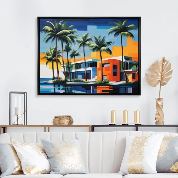 Designart "Palm Beach in Color Pop Art Vibes II" Nautical & Beach Floater Framed Canvas Print